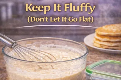 Infographic showing how to store pancake batter in the fridge or freezer to keep pancakes fluffy
