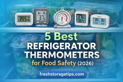 Digital refrigerator thermometer inside a fridge showing safe temperature for food storage