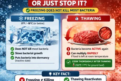 Frozen food with ice crystals showing how freezing stops bacterial growth but does not kill bacteria
