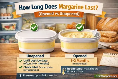 Margarine tubs on a kitchen counter with opened and unopened containers showing shelf life differences