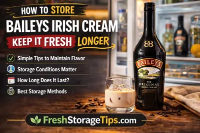 Bottle of Baileys Irish Cream with a glass showing how to store Baileys properly to keep it fresh longer