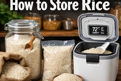 Rice stored in airtight containers, glass jars, and vacuum bags in a cool dry pantry to keep it fresh and prevent moisture and pests