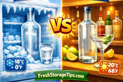Vodka bottle in freezer and on shelf comparison showing how to store vodka properly after opening