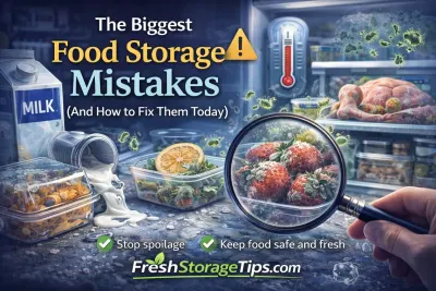 Open refrigerator showing common food storage mistakes like spoiled produce and improper containers.