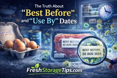 Food packaging showing Best Before and Use By labels with eggs and meat.