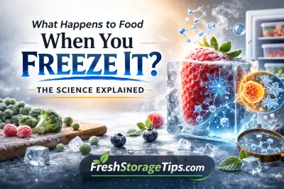 Strawberry frozen in clear ice showing ice crystals and food freezing process.