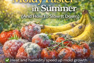 Moldy strawberries, tomatoes and bananas in warm sunlight showing faster mold growth in summer.