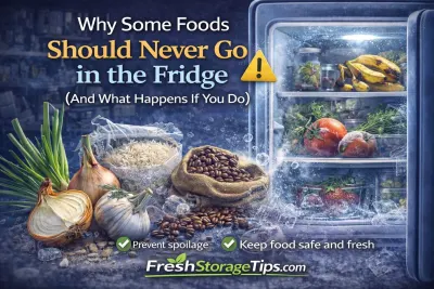 Bananas, tomatoes, onions, garlic and potatoes shown near an open refrigerator.