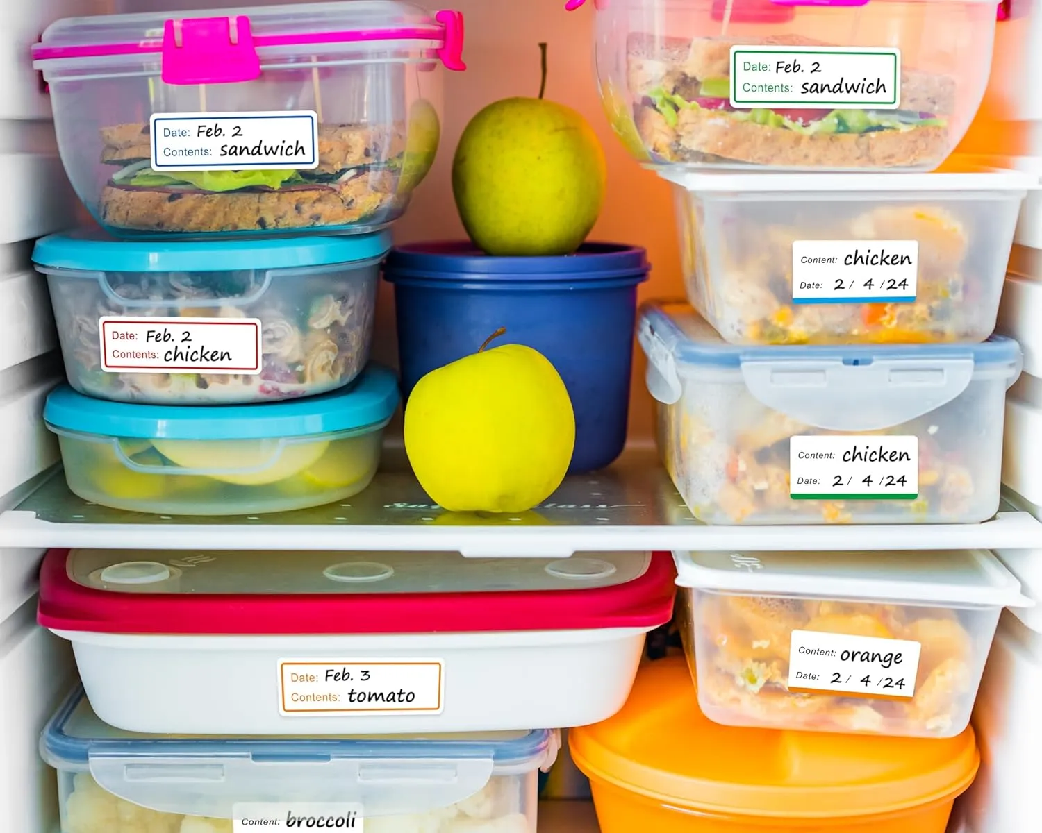 Food containers in a refrigerator labeled with their contents and the date they were stored