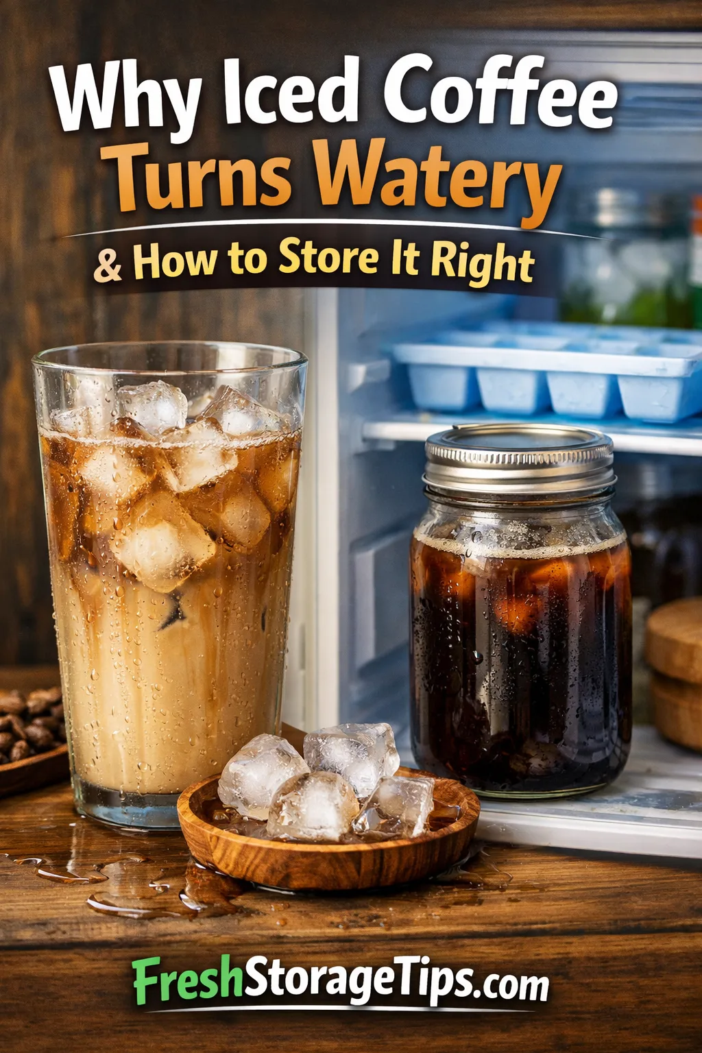 A tall glass of iced coffee with visible condensation and melting ice cubes.