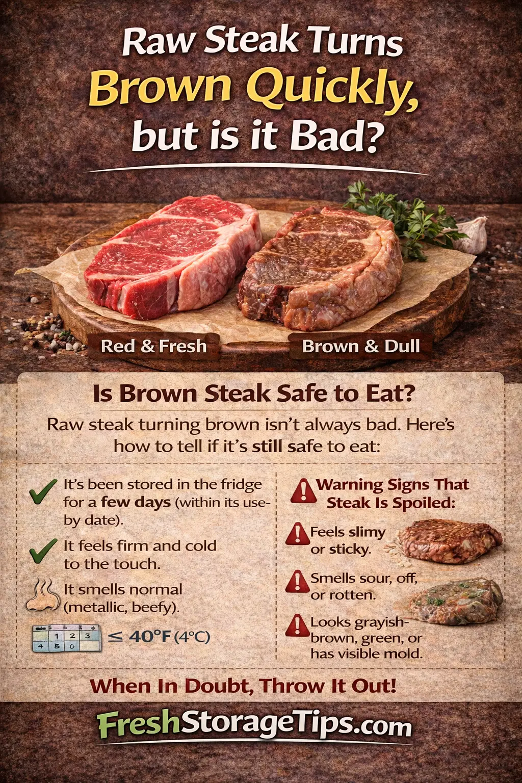 A detailed infographic explaining steak storage timelines for the fridge and freezer.