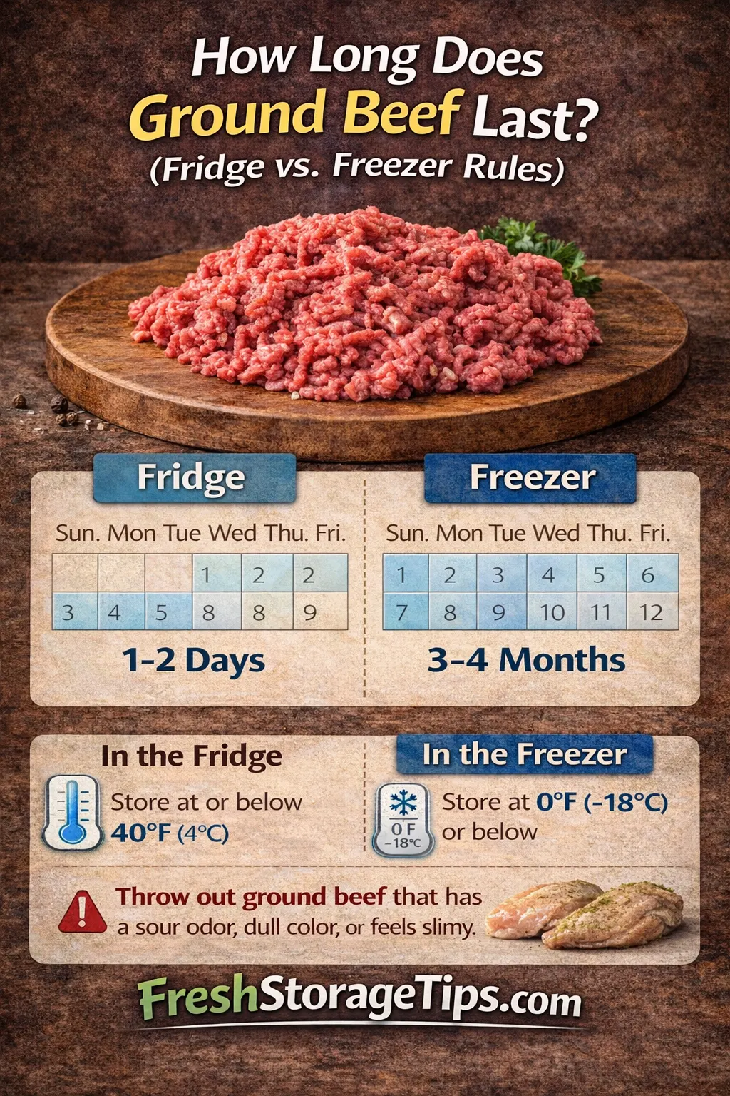 Infographic: ground beef fridge 1-2 days, freezer 3-4 months, cooked fridge 3-4 days