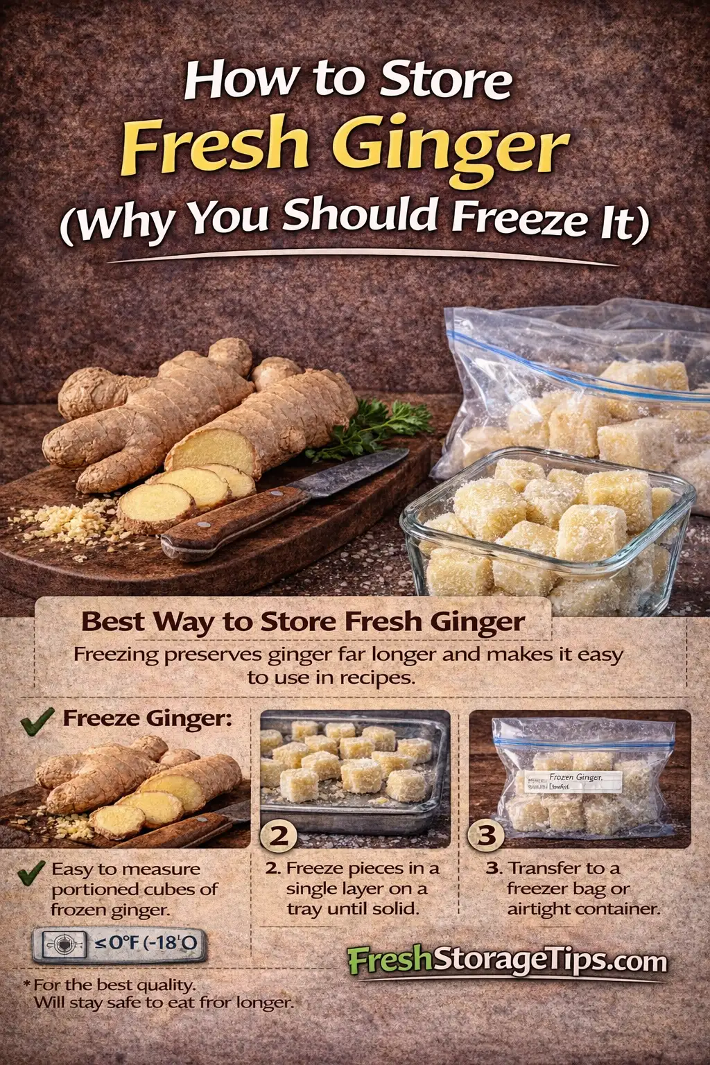 Infographic showing the path to keeping ginger fresh.