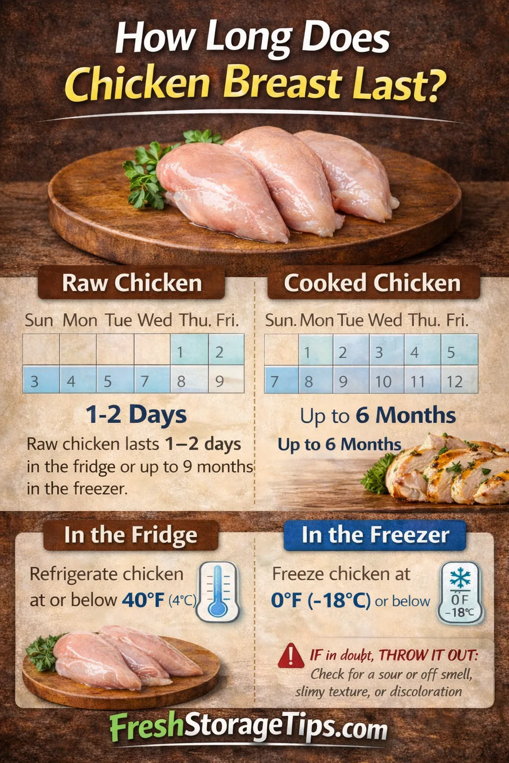 Infographic: raw chicken fridge 1-2 days, cooked fridge 3-4 days, frozen 9-12 months