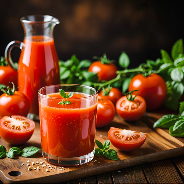 My personal carton of tomato juice stored in the fridge after transferring to a glass bottle.