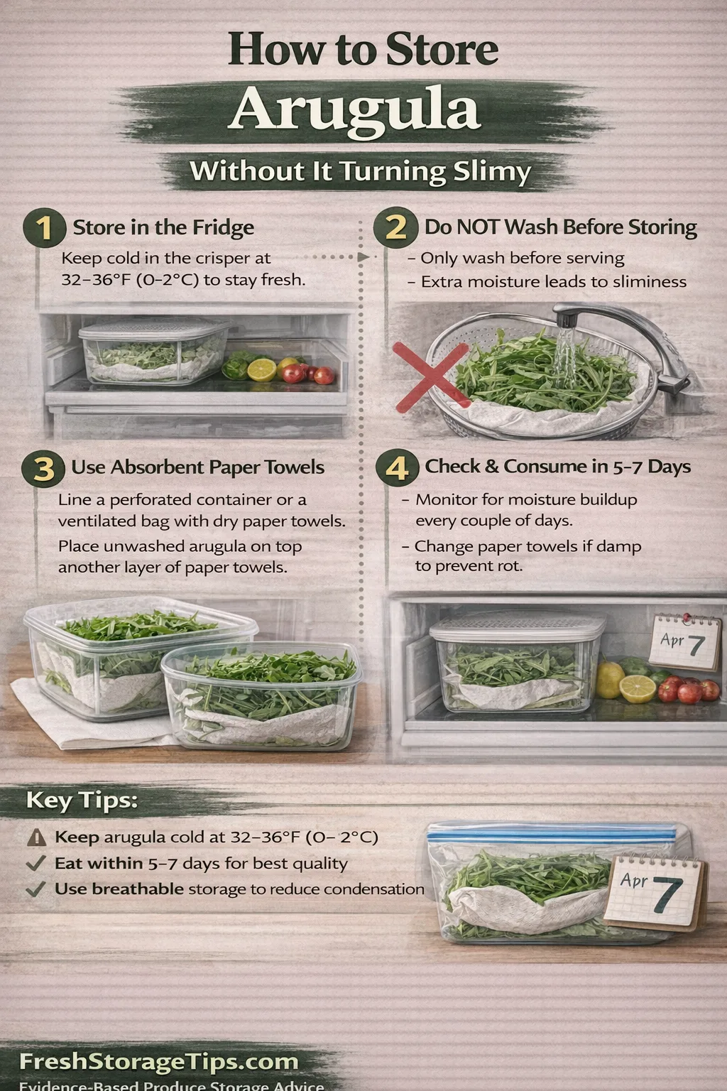 Infographic showing Arugula storage times: Paper Towel Method 10 days, Original Bag 3 days.