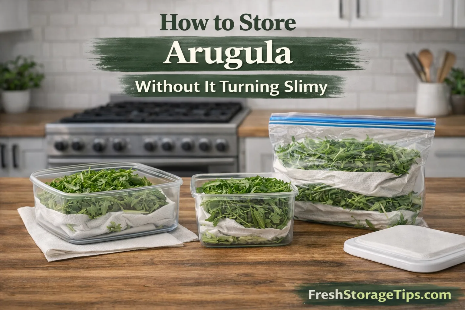 Fresh peppery arugula leaves in a glass bowl with paper towels nearby.