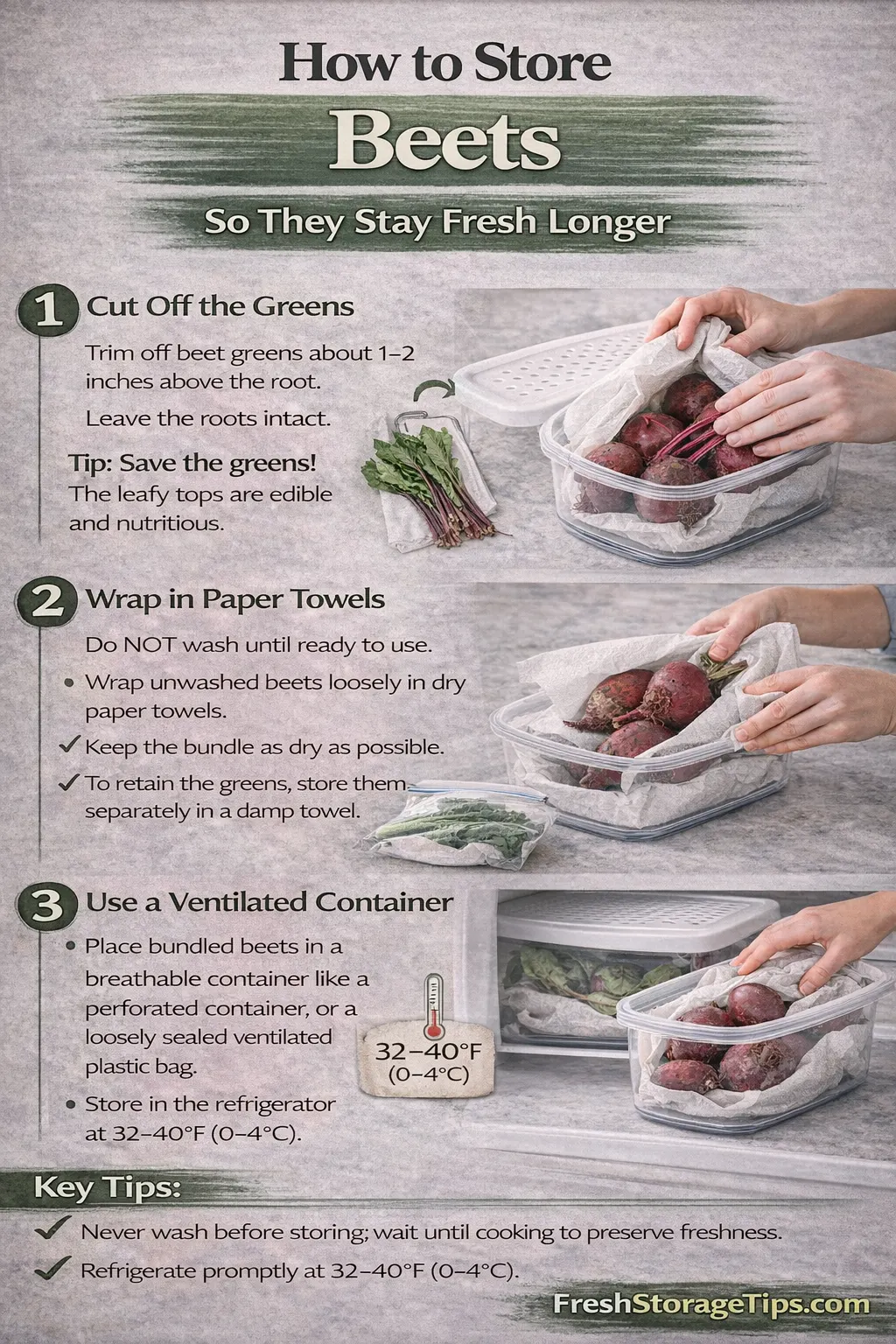 Infographic showing Beet storage times: Root Cellar 3-4 months, Fridge 3 weeks, Freezer 12 months.