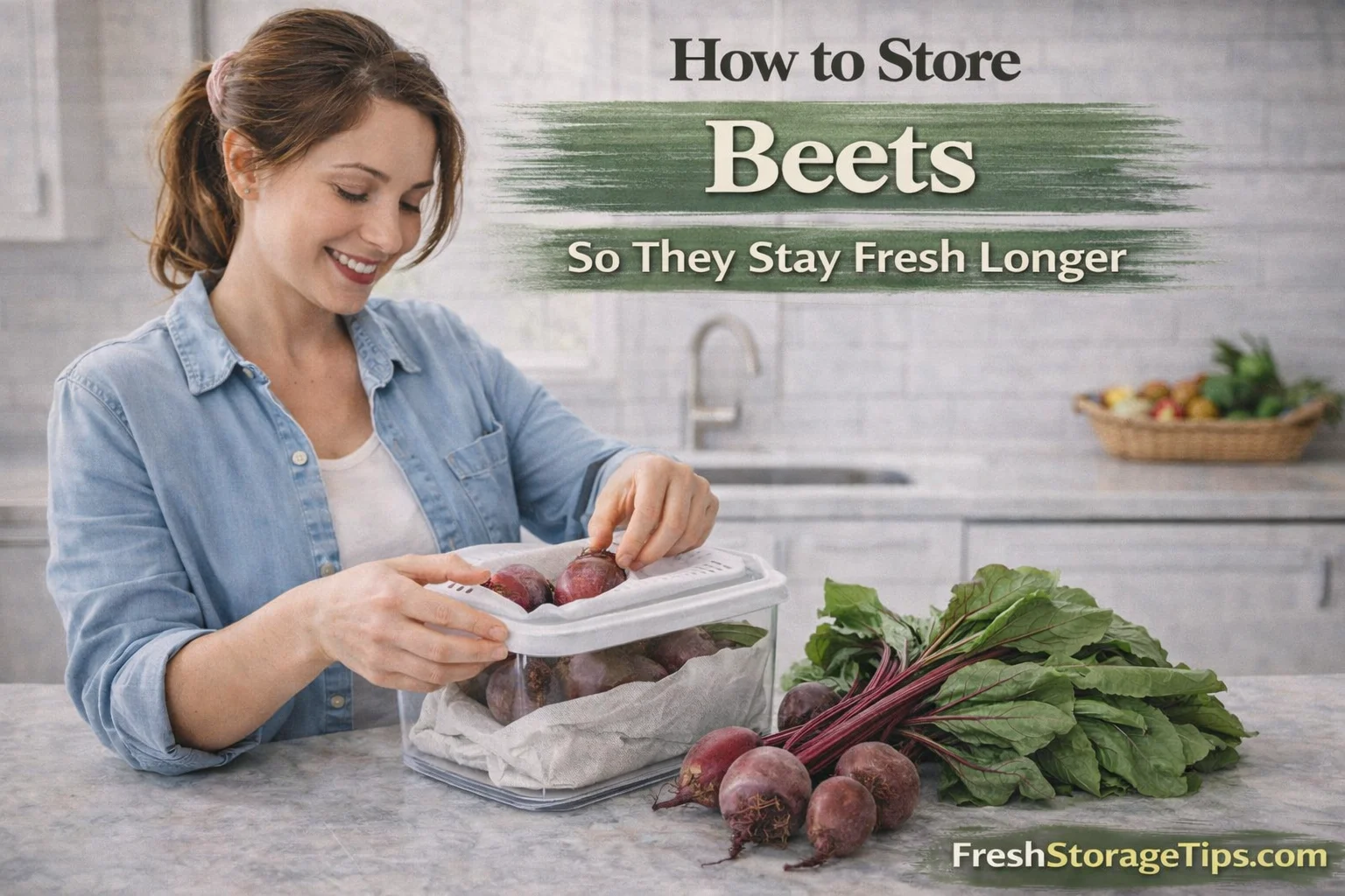 Fresh purple beets with green tops sitting on a wooden crate.