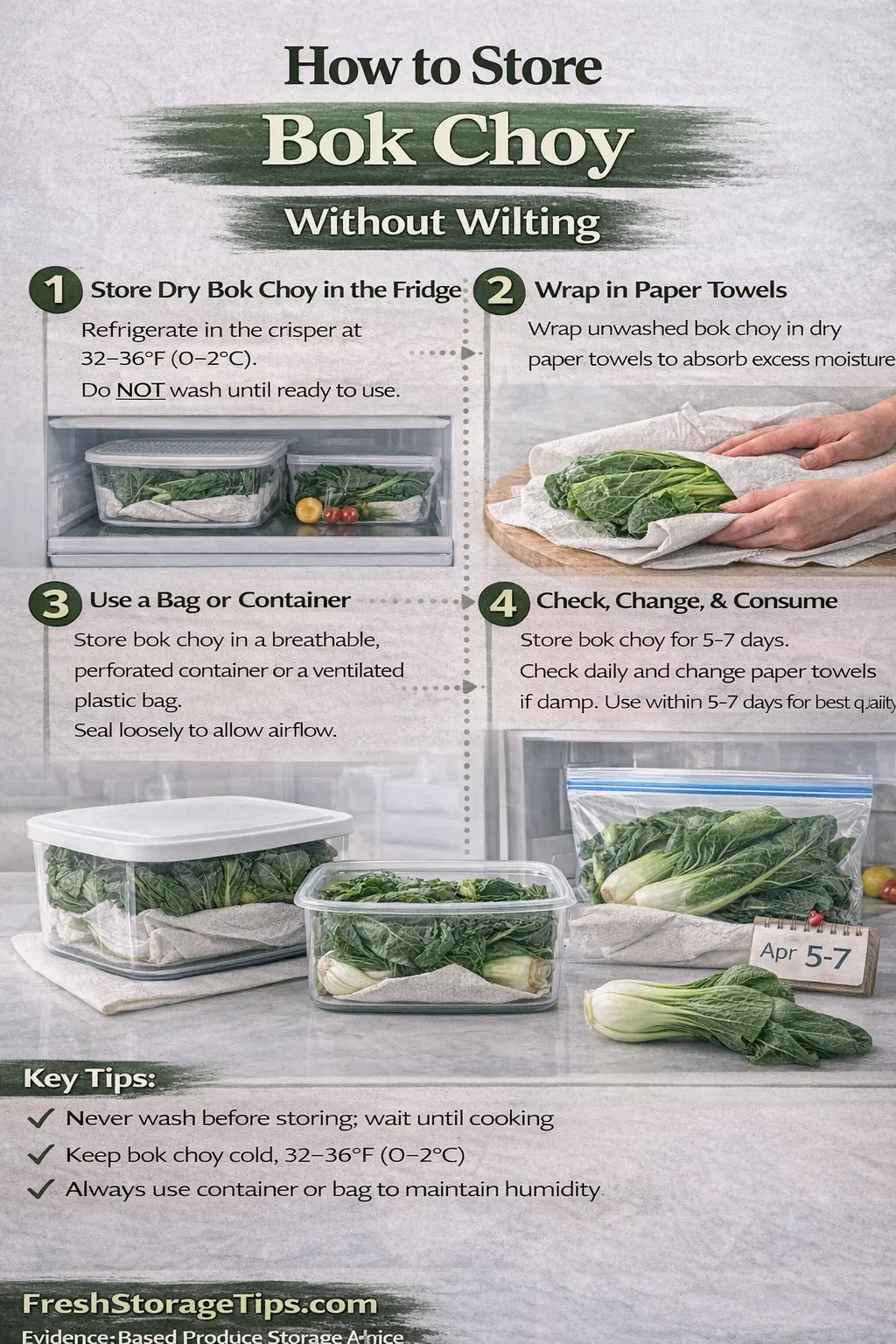 Infographic showing Bok Choy storage times: Fridge 5-7 days, Freezer 10 months.