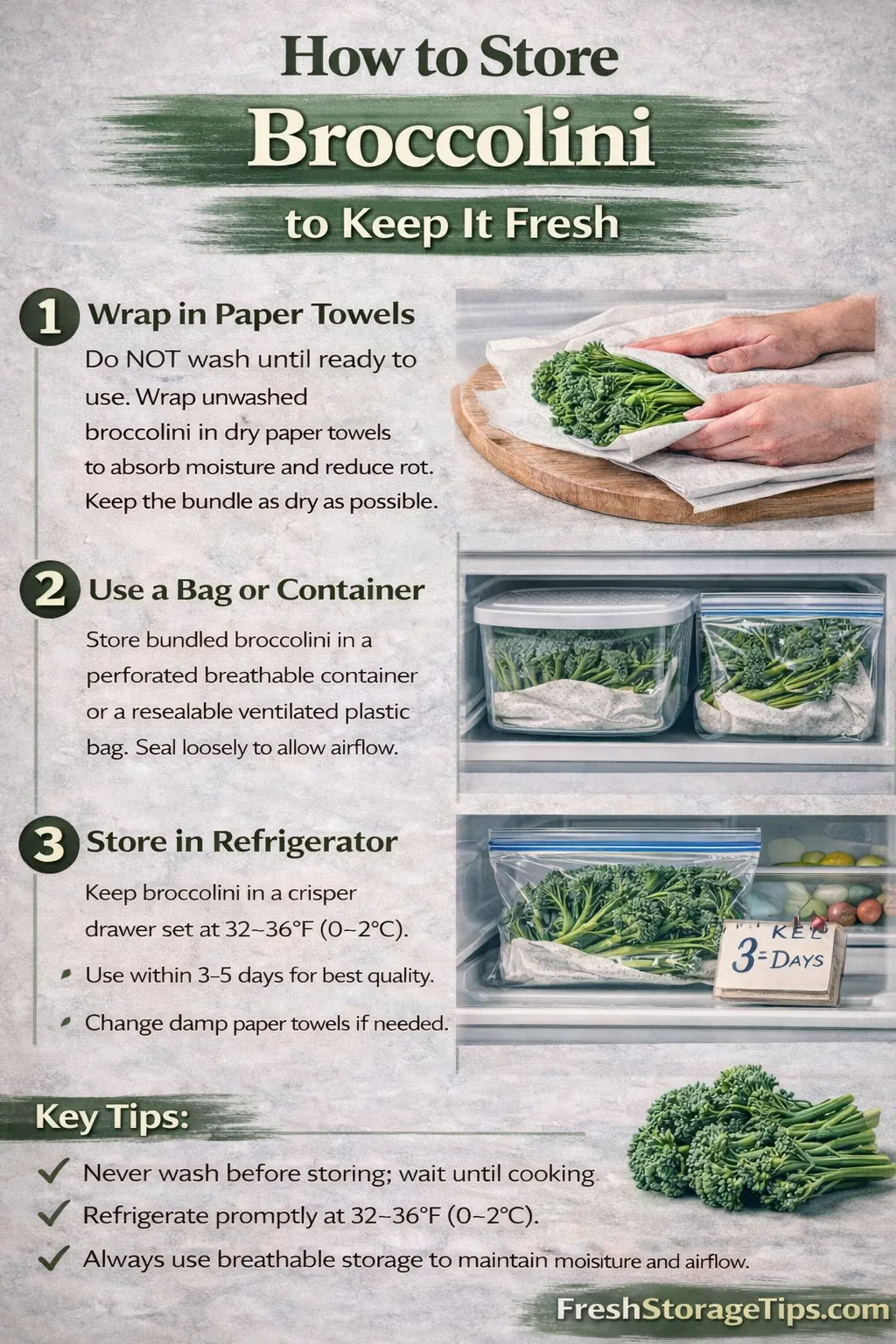Infographic showing Broccolini storage times: Bouquet Method 10 days, Paper Towel 5-7 days.