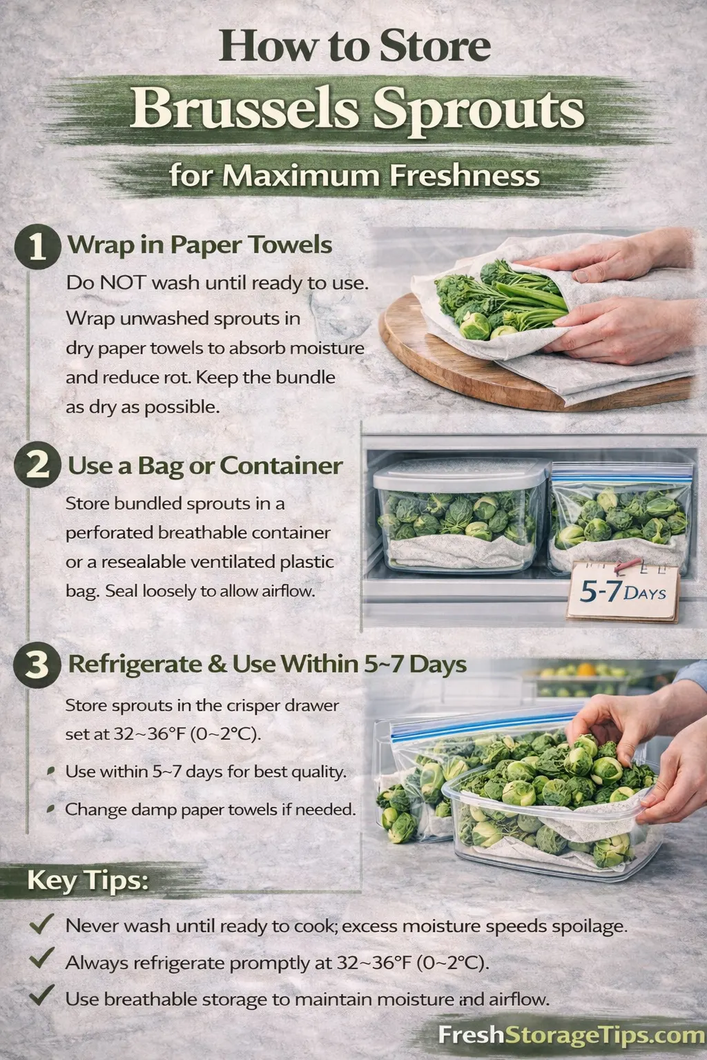 Infographic showing Brussels Sprouts storage times: On Stalk 3 weeks, Loose 2 weeks, Frozen 12 months.