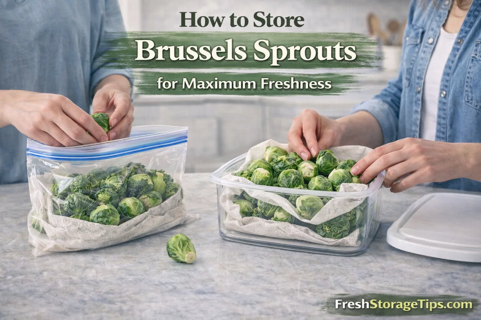 Fresh green Brussels sprouts piled in a ceramic bowl.