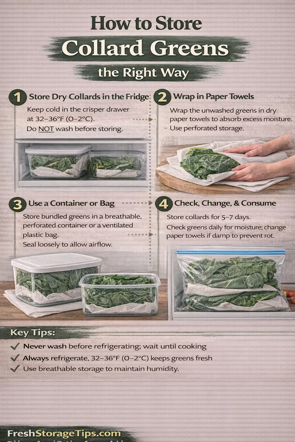 Infographic showing Collard Greens storage times: Fridge 10-14 days, Freezer 12 months.