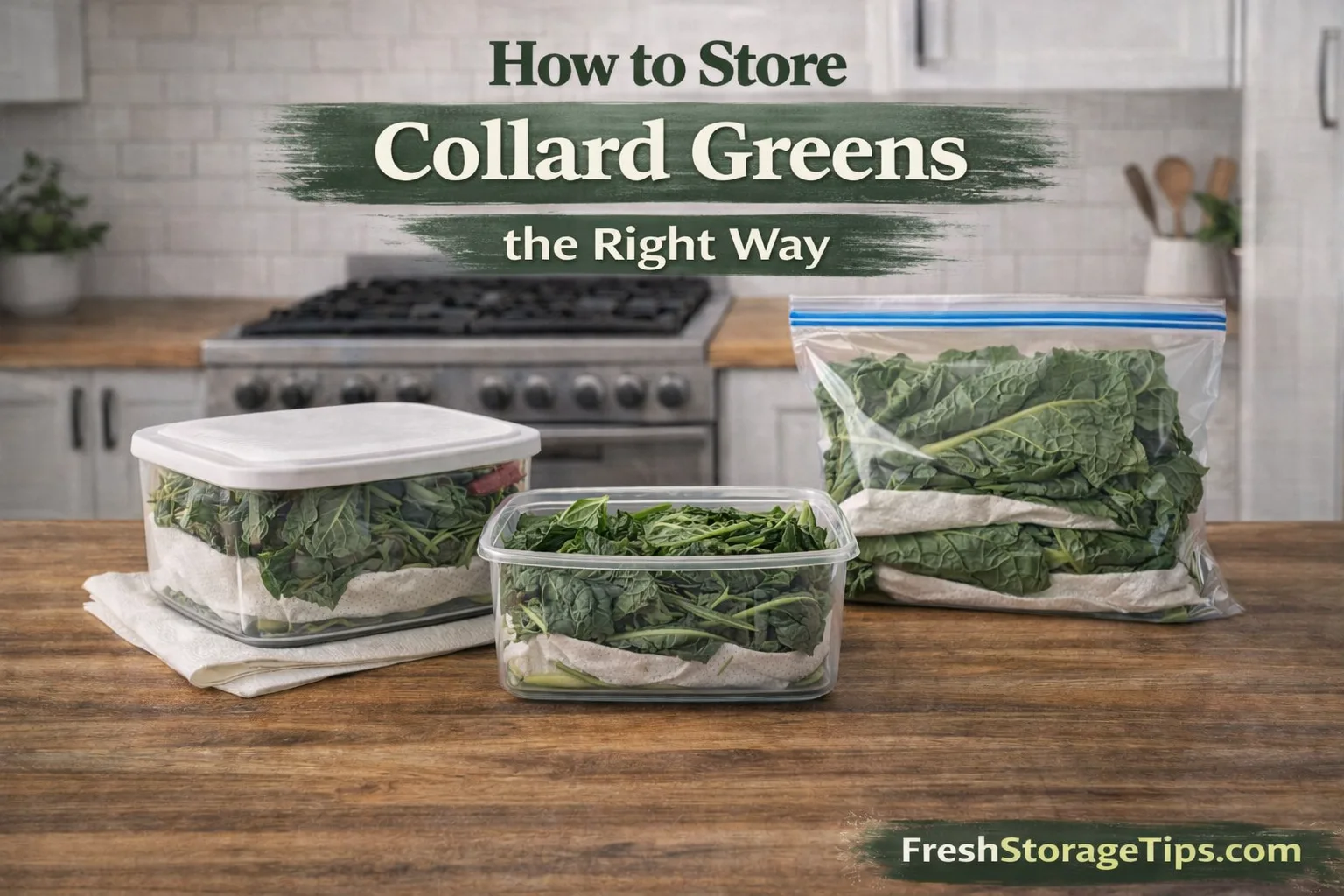 A large bunch of dark green collard greens sitting on a rustic wooden table.