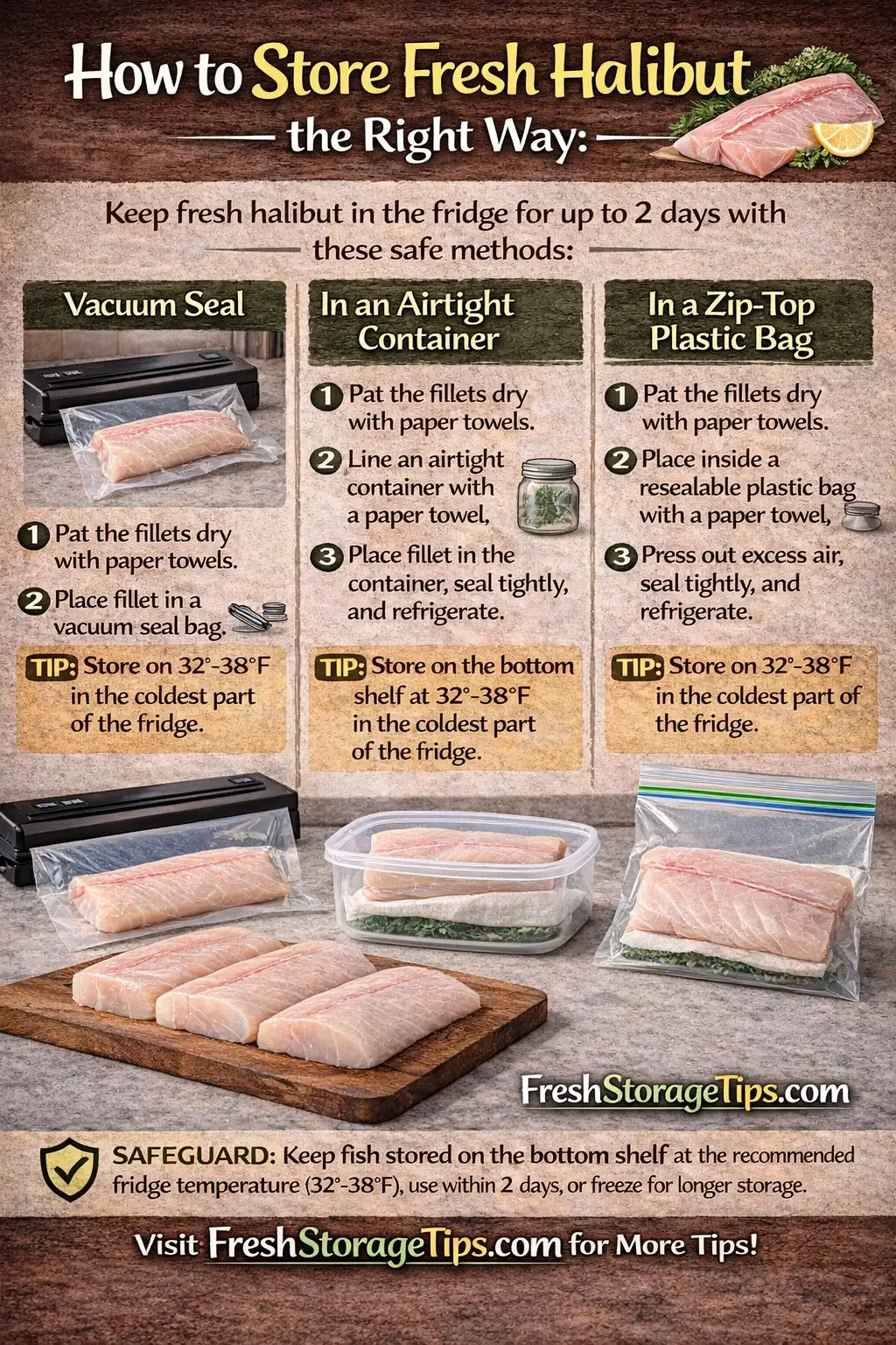 Infographic showing Halibut storage times: On Ice 3 days, Fridge 1-2 days, Freezer 9 months.