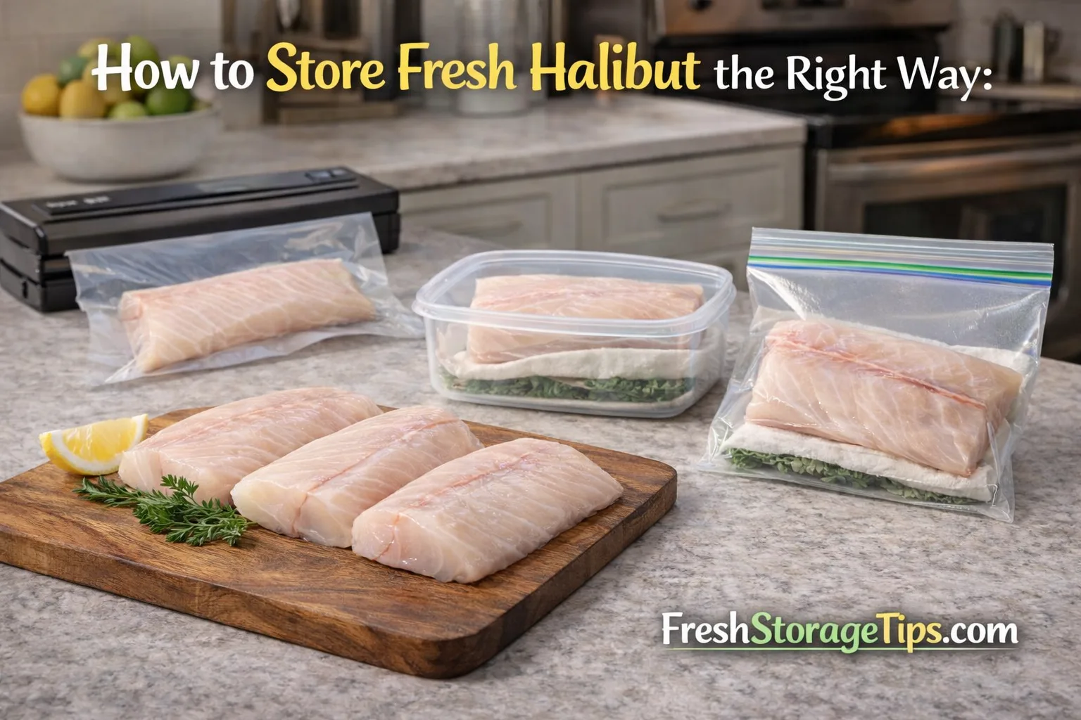 Fresh white halibut fillets on a bed of ice with lemon slices.