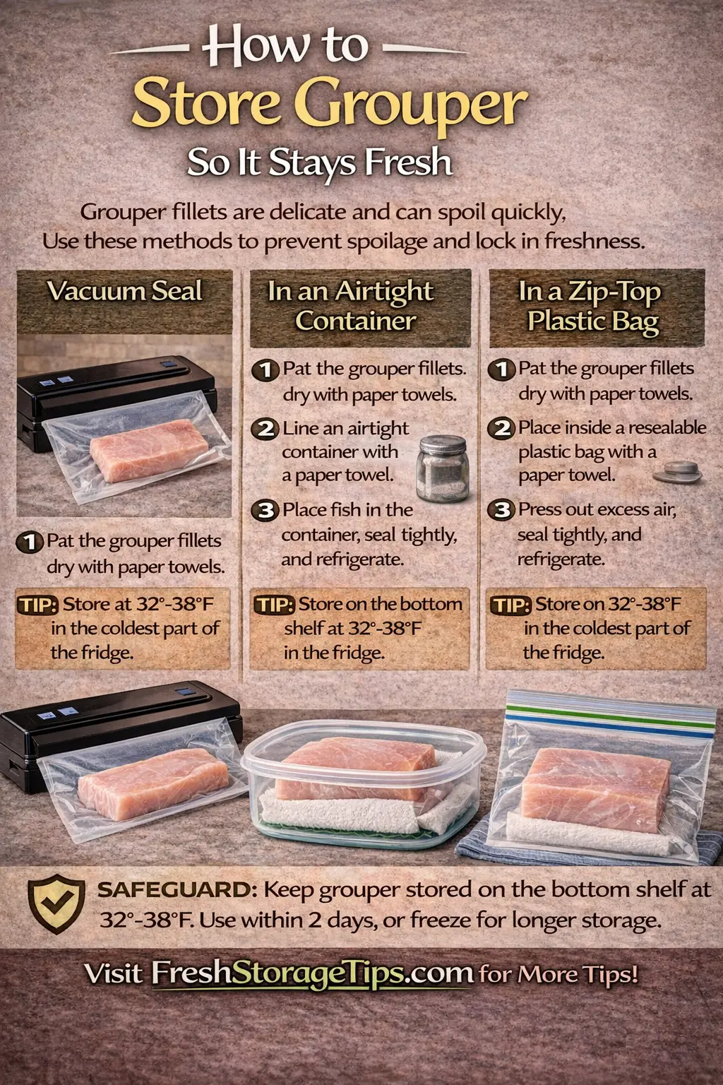 Infographic showing Grouper storage times: Ice Method 5 days, Bagged 2 days, Frozen 12 months.