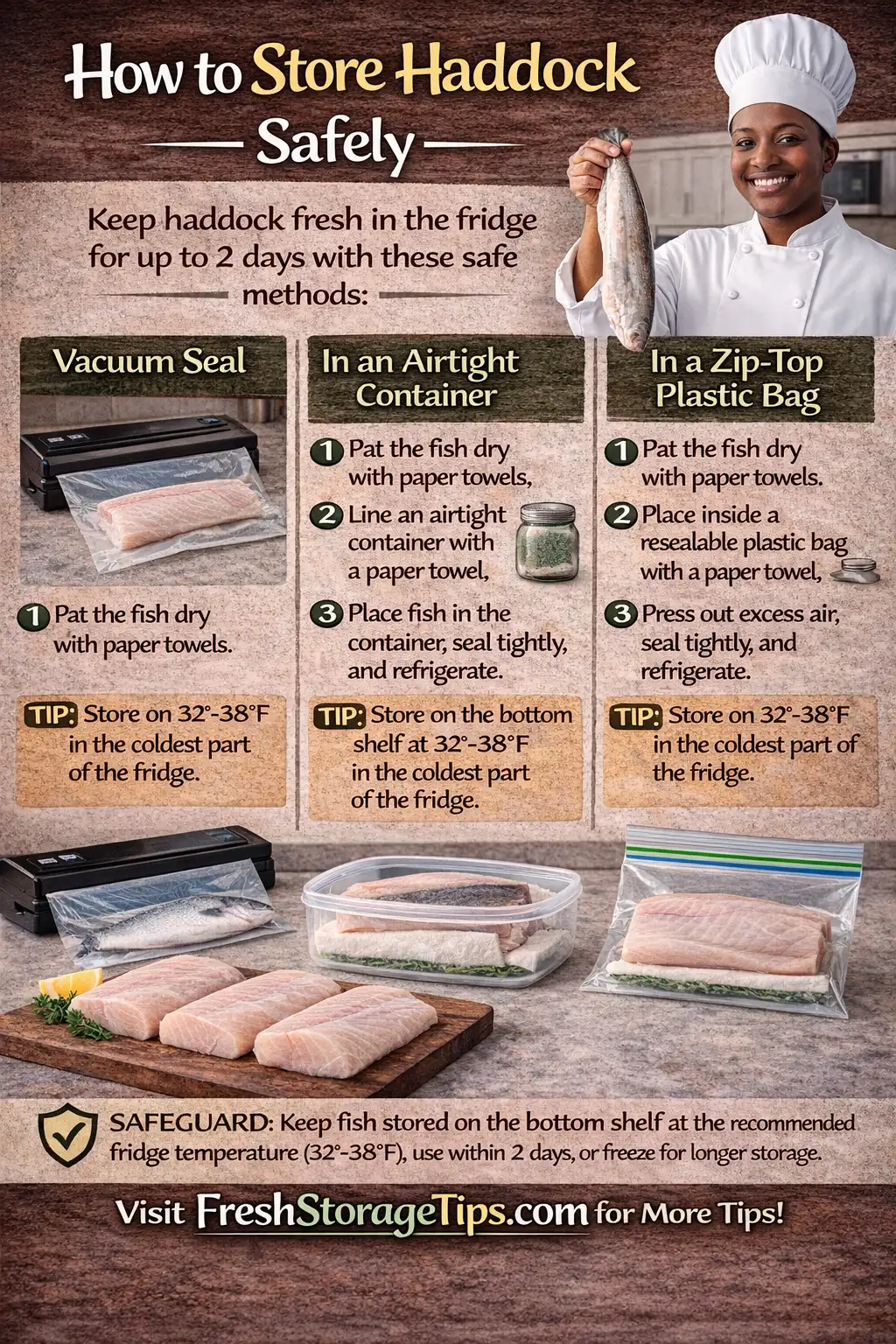 Infographic showing Haddock storage times: Ice Rig 3 days, Fridge 1 day, Smoked 7 days.