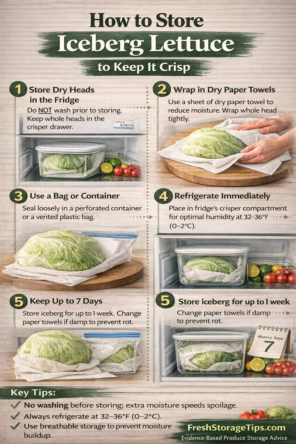 Infographic showing Iceberg Lettuce storage times: Wrapped Whole 3 weeks, Shredded 3-5 days.