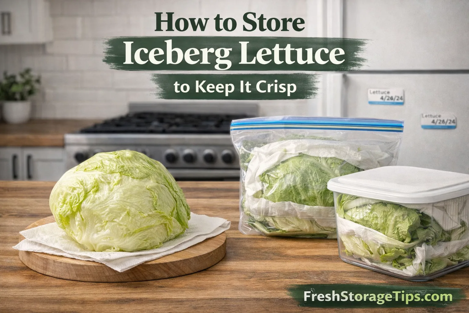 A crisp head of iceberg lettuce wrapped in a kitchen towel on a cutting board.