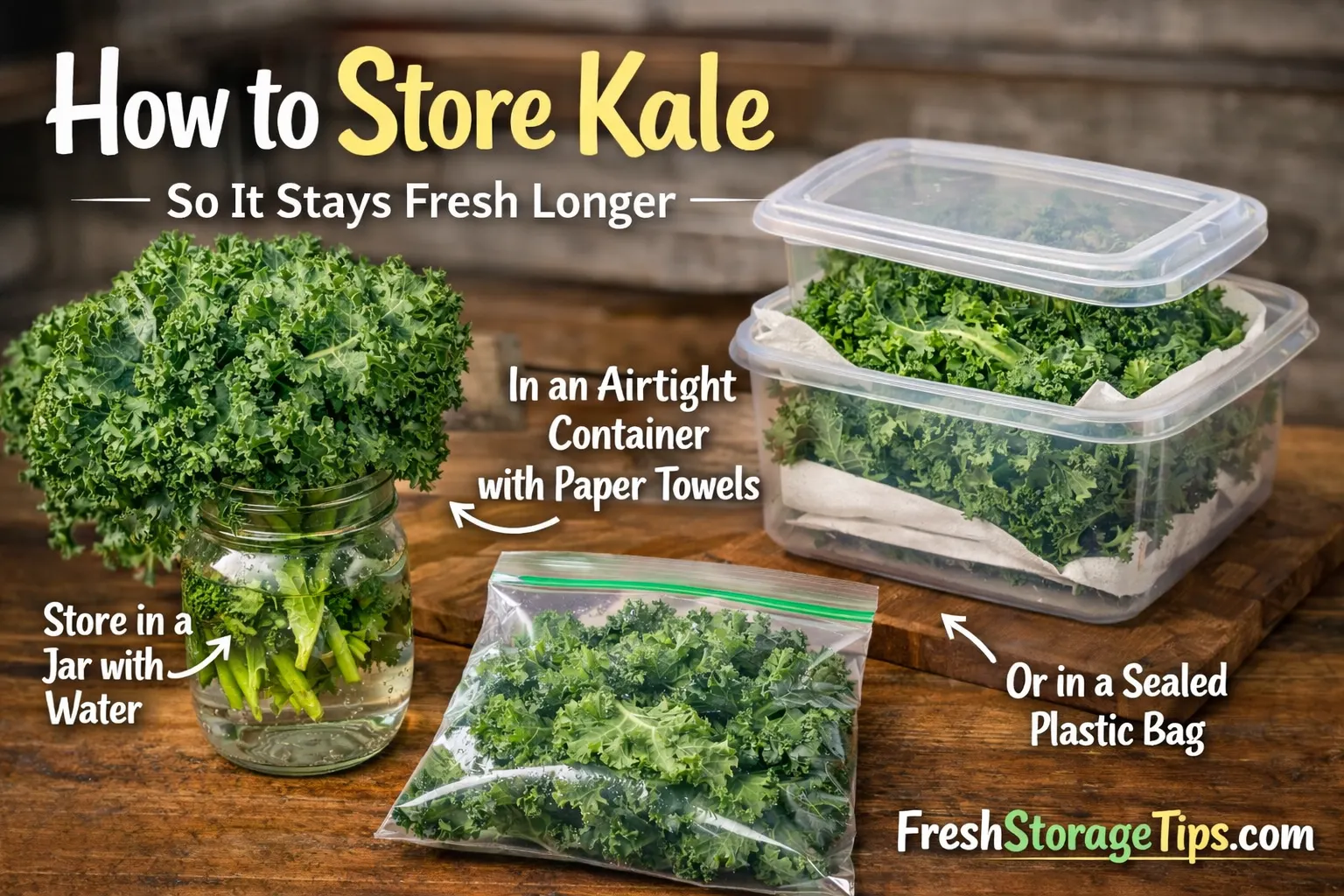 Fresh dark green kale leaves on a wooden cutting board with paper towels.