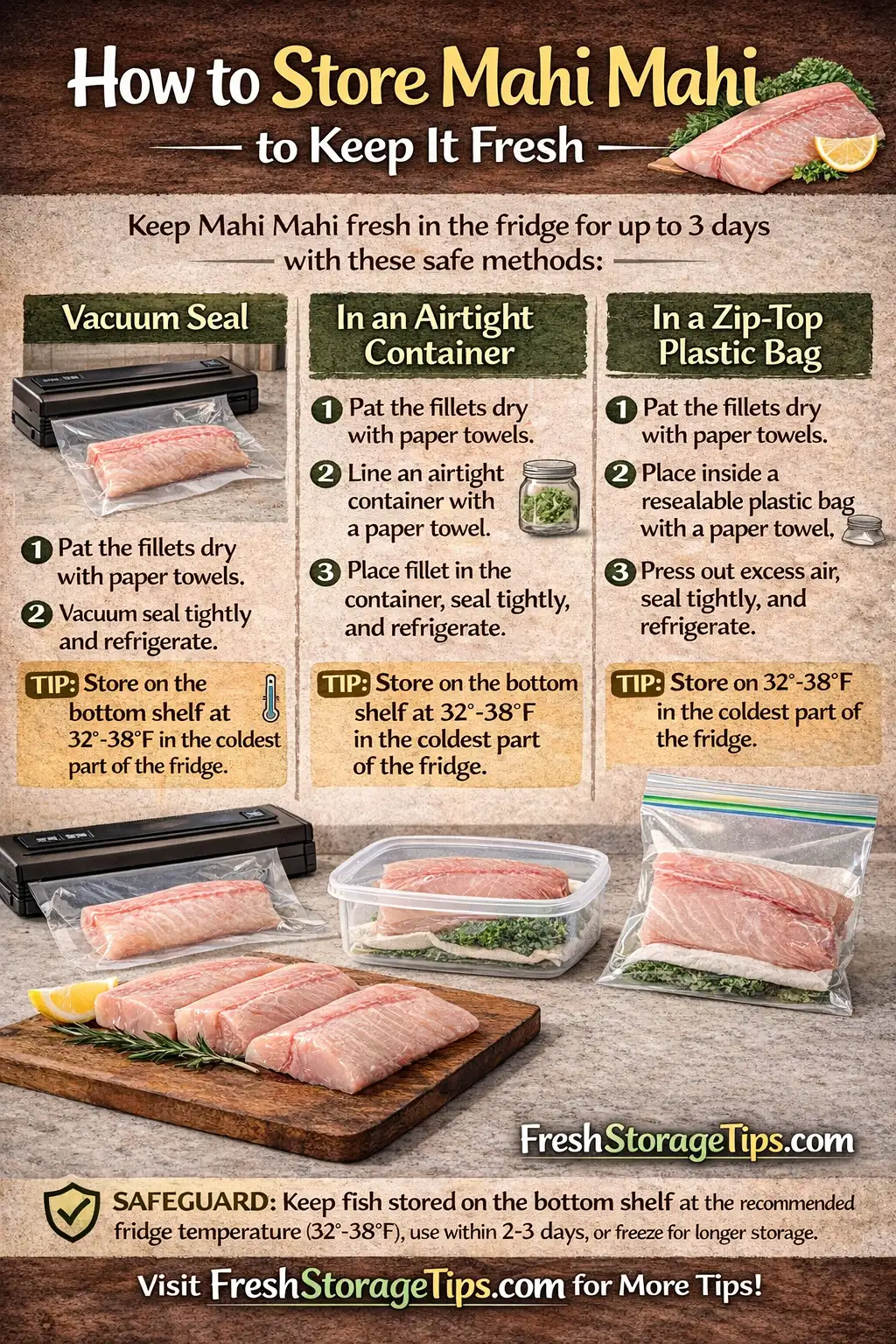Infographic showing Mahi Mahi storage times: On Ice 3 days, Standard Fridge 1 day, Freezer 9 months.