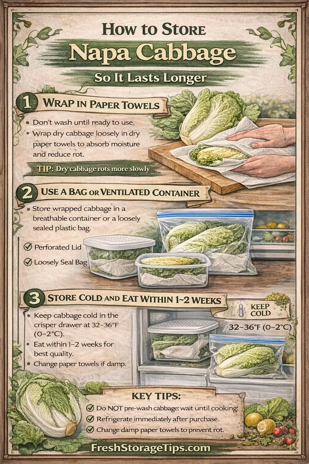 Infographic showing Napa Cabbage storage times: Whole 3 weeks, Cut 3-5 days.
