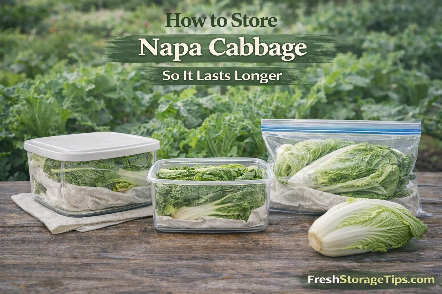 A large head of pale green Napa cabbage on a wooden table.