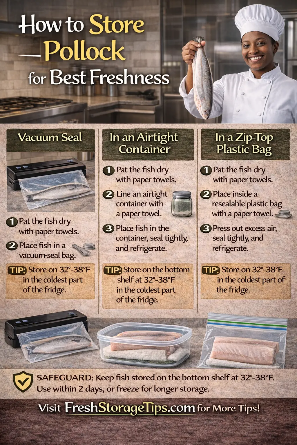 Infographic showing Pollock storage times: On Ice 3 days, Fridge 1 day, Freezer 6 months.