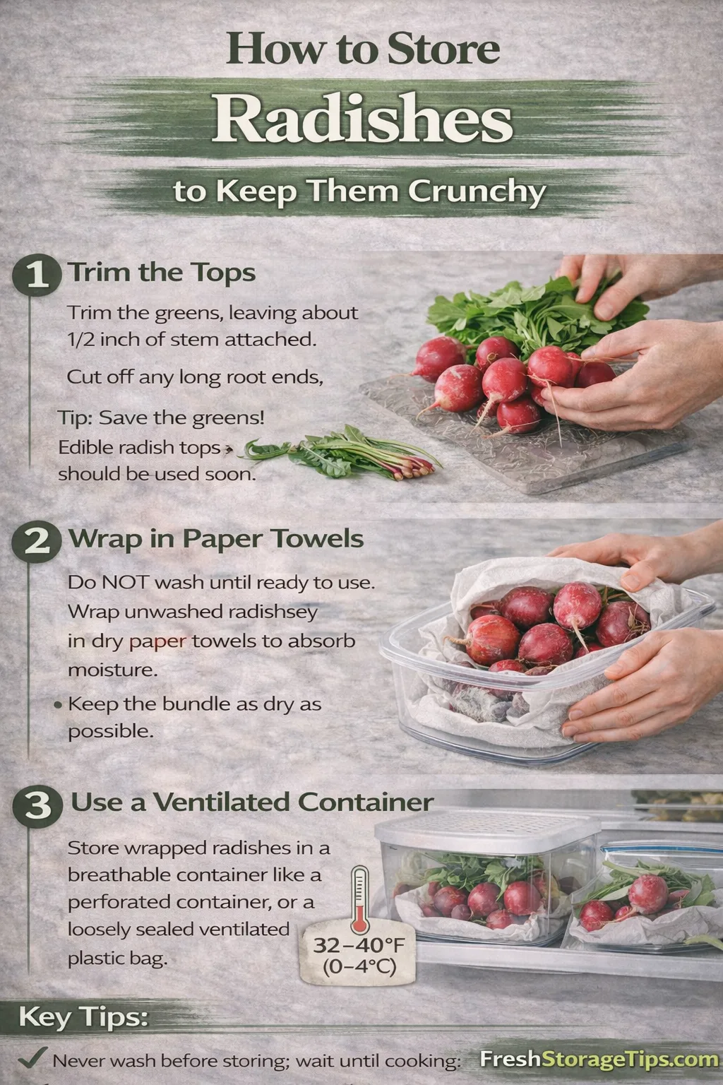 Infographic showing Radish storage times: Jar of Water 2 weeks, Plastic Bag 1 week, Root Cellar 3 months.
