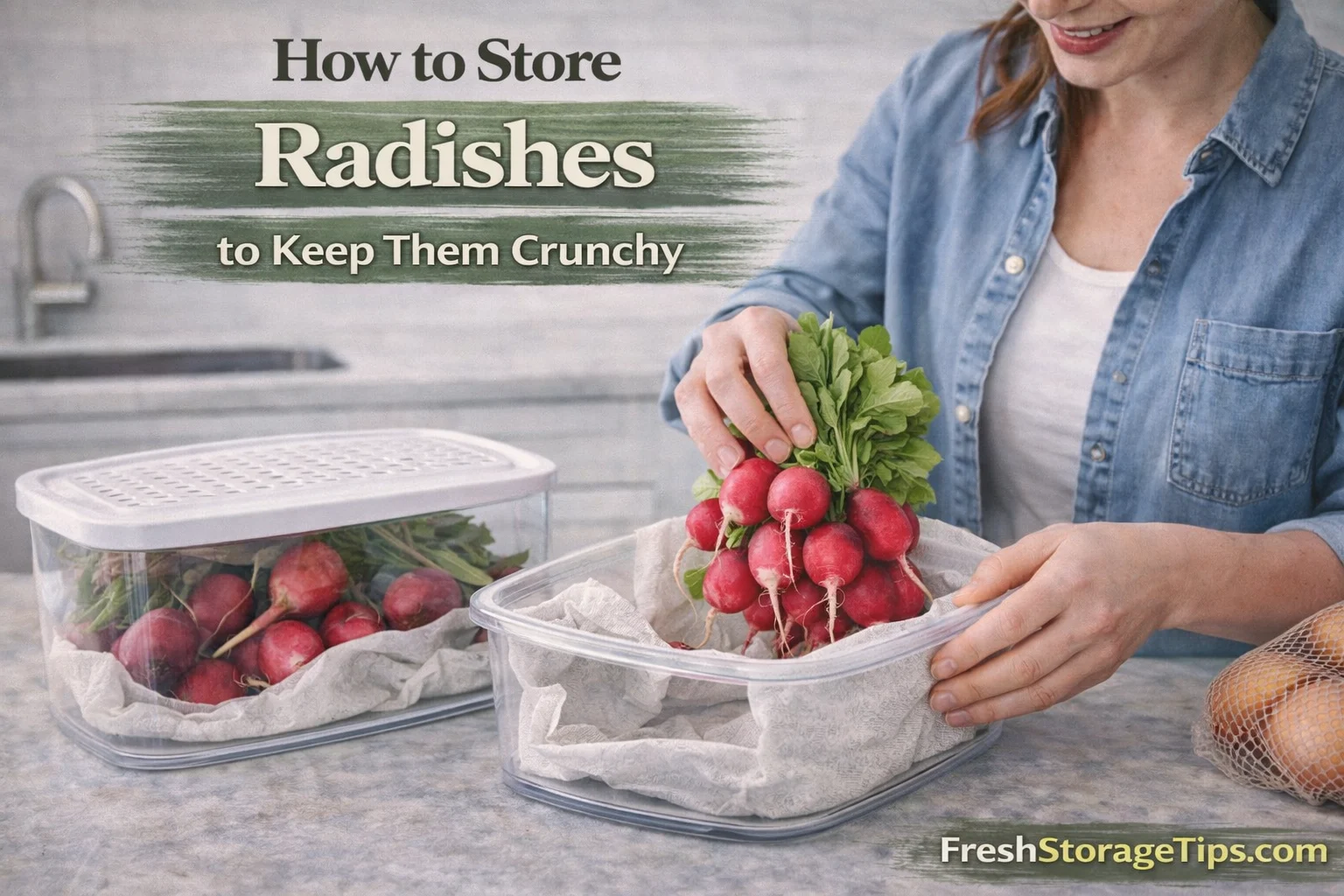 Fresh red radishes floating in a glass jar of water.