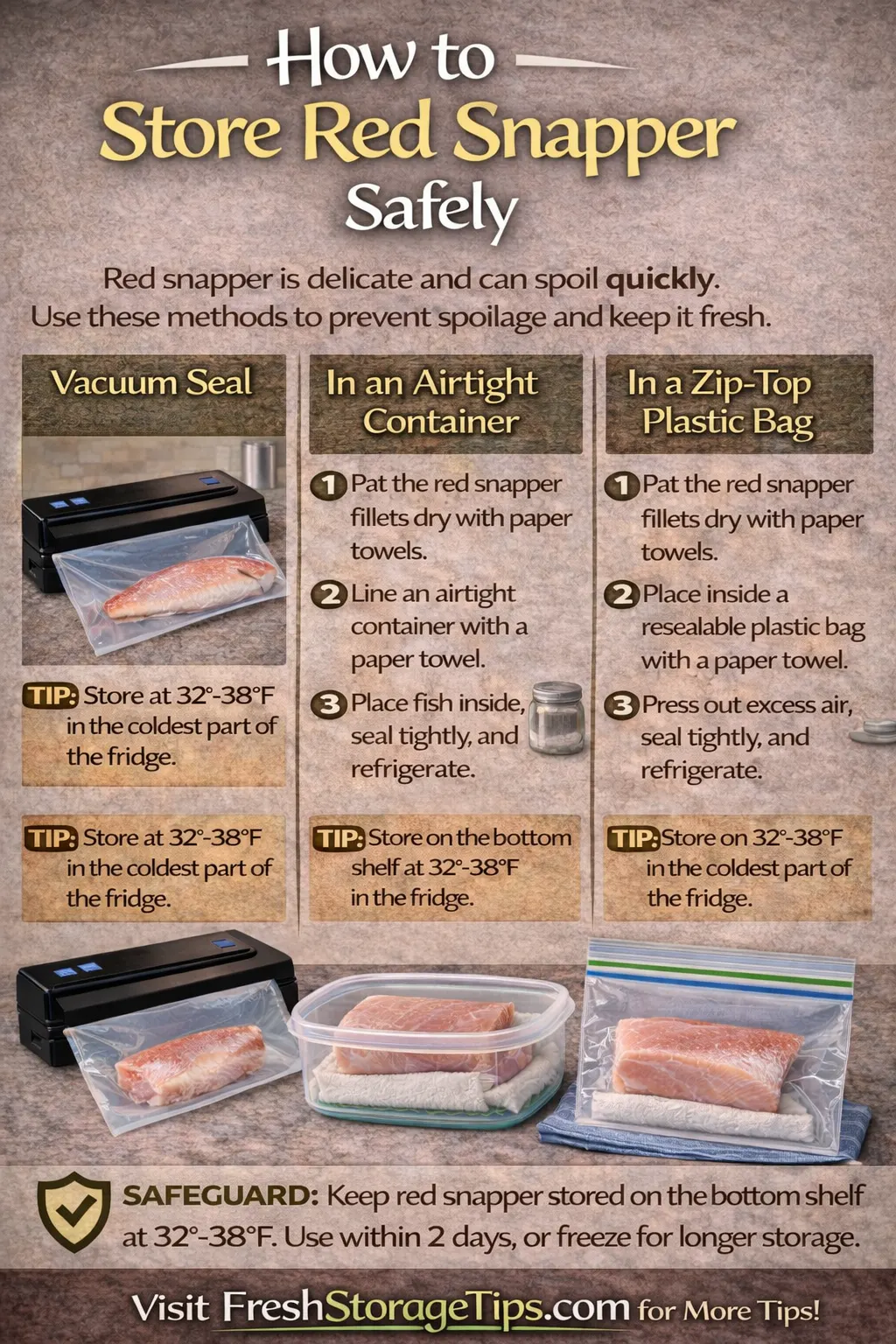 Infographic showing Red Snapper storage times: On Ice 5 days, Bagged 2 days, Frozen 10 months.