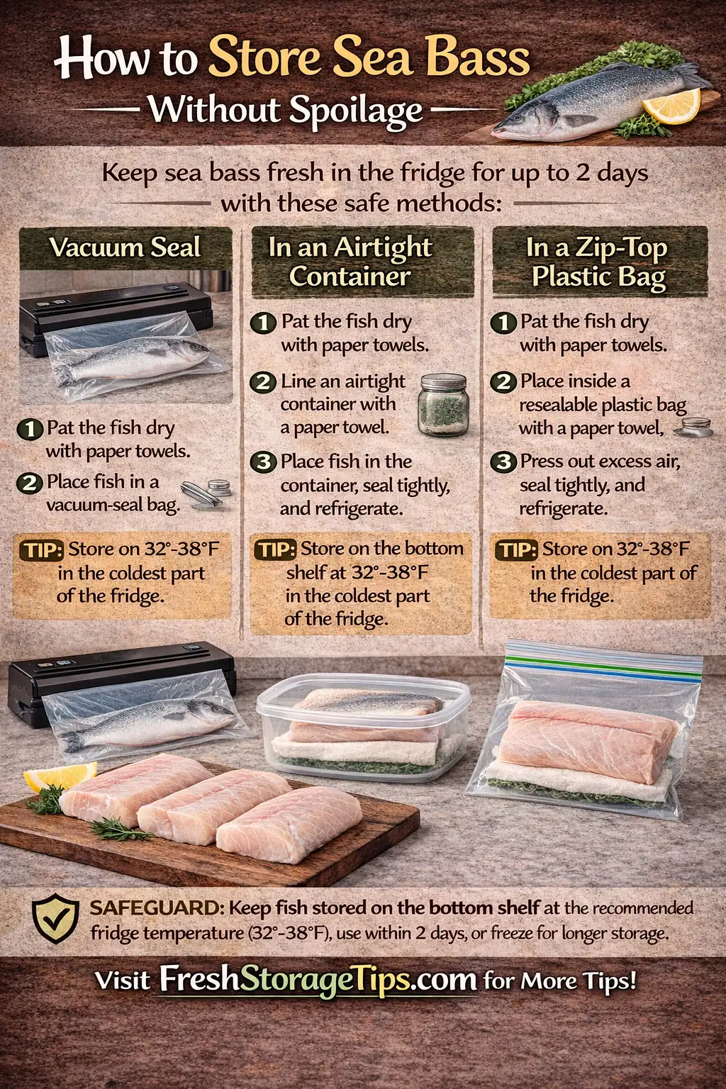Infographic showing Sea Bass storage times: On Ice 4 days, Fridge 1-2 days, Freezer 9 months.