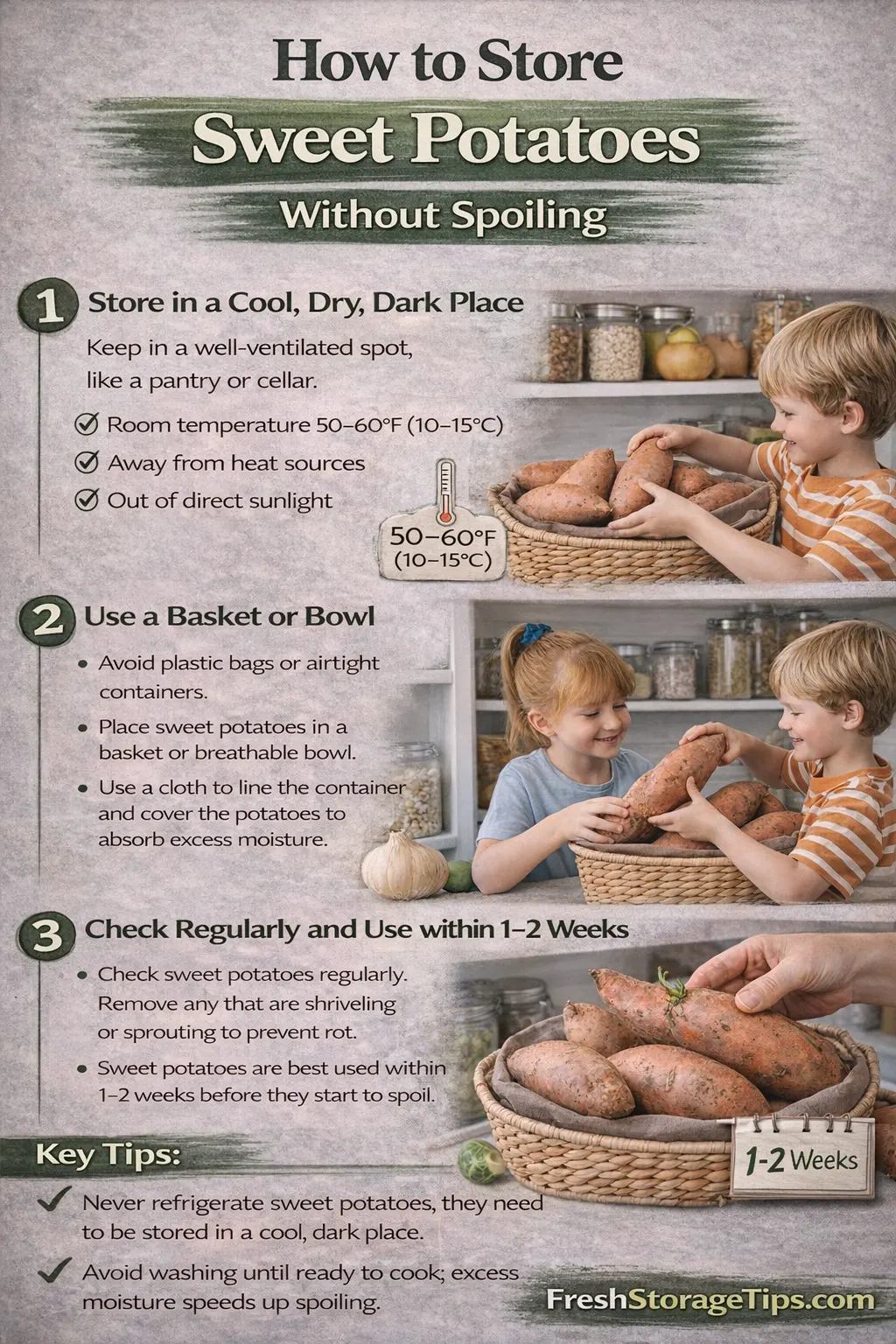 Infographic showing Sweet Potato storage times: Pantry 3-5 months, Fridge 2 weeks (bad quality), Frozen 12 months.