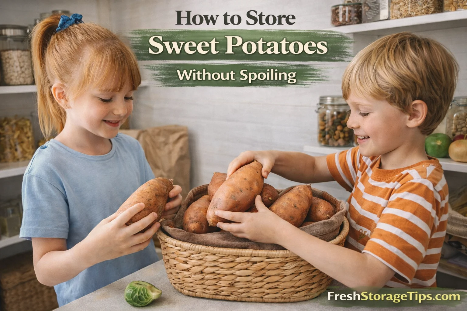 A wire basket filled with unwashed sweet potatoes in a dark pantry.