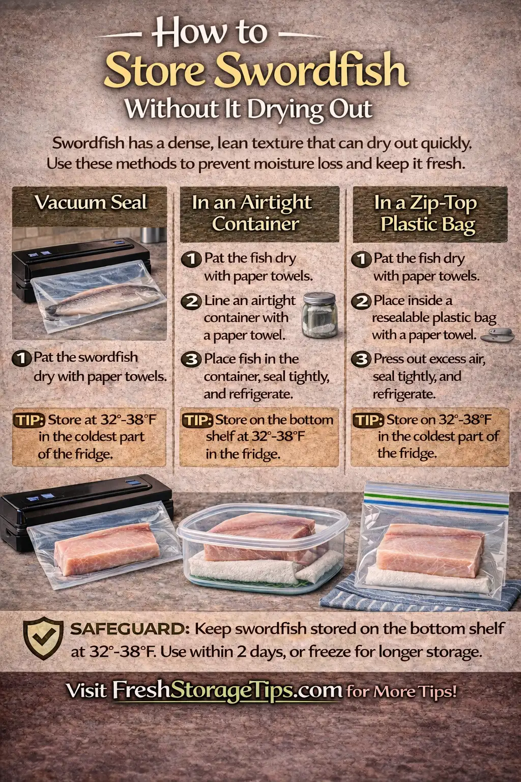 Infographic showing Swordfish storage times: On Ice 4 days, Fridge 2 days, Freezer 9 months.