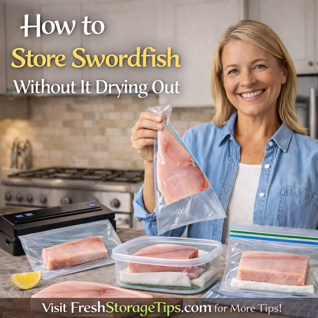Thick swordfish steaks with lemon and herbs on a bed of ice.