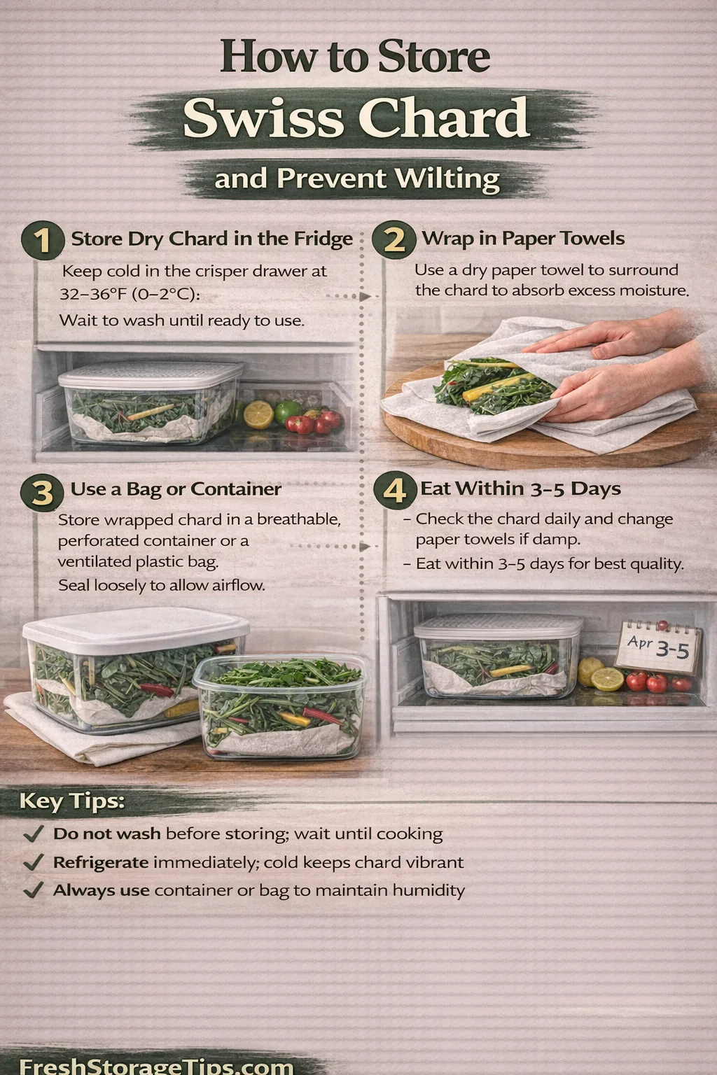 Infographic showing Swiss Chard storage times: Separated 7 days, Whole 3-4 days.