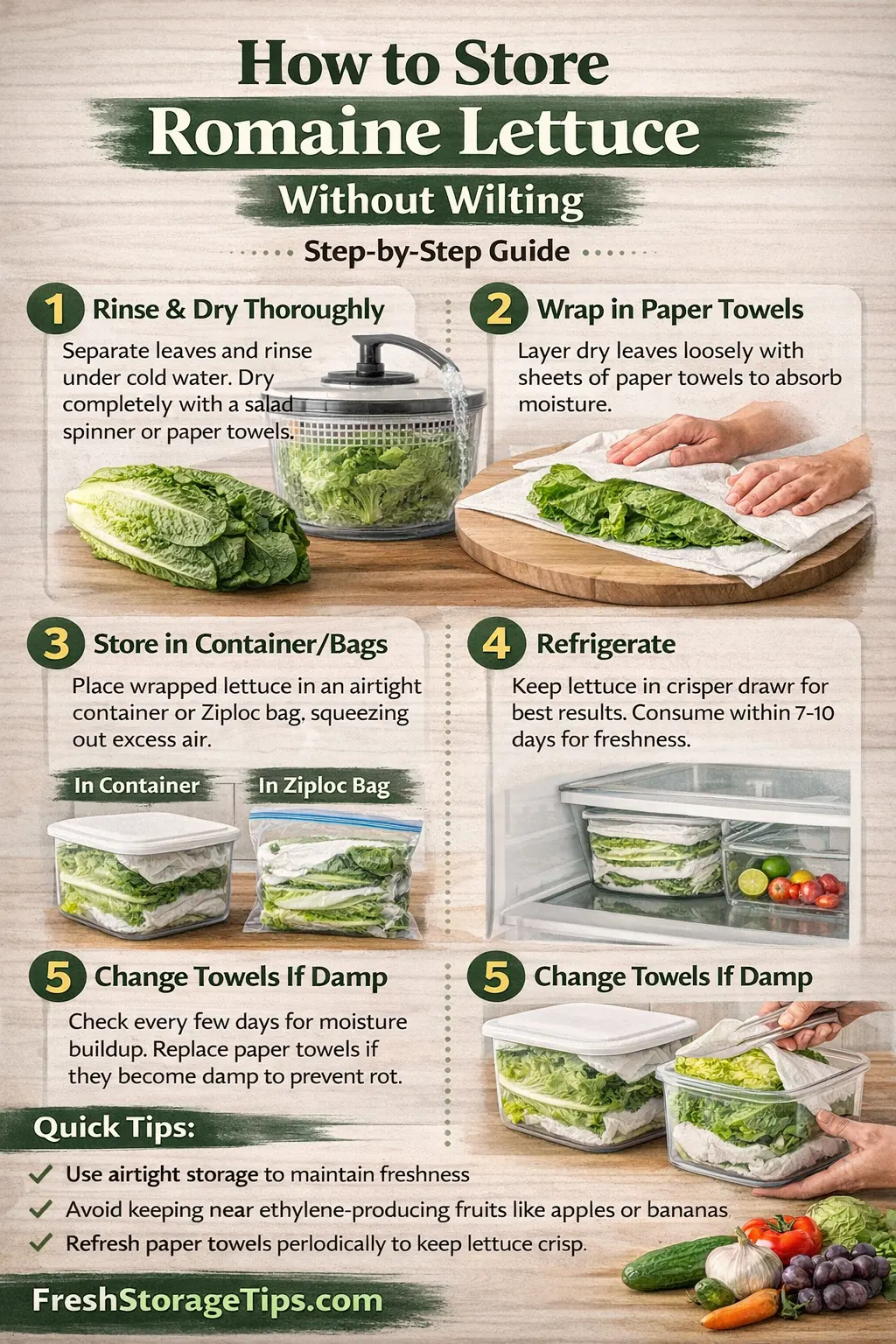 Infographic showing Romaine Lettuce storage times: Vinegar Washed 3 weeks, Store Bag 5-7 days.